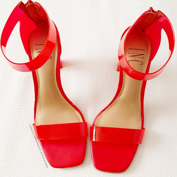 Cherry Red Ankle Strap Square Toe Square Vinyl Heels - Picture 3 of 12